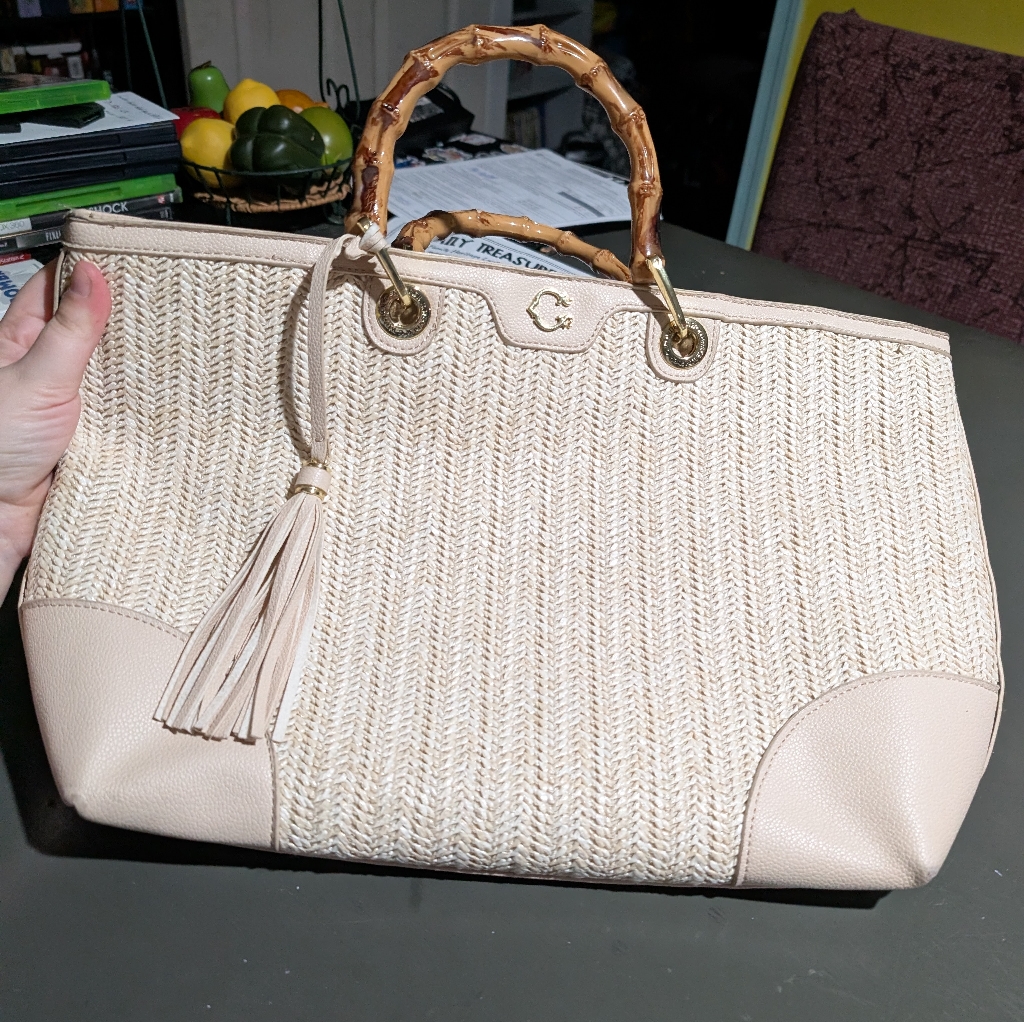 Cwonder Cream Purse With Bamboo Handles 14.5wx11.5hx4d Stains As Shown